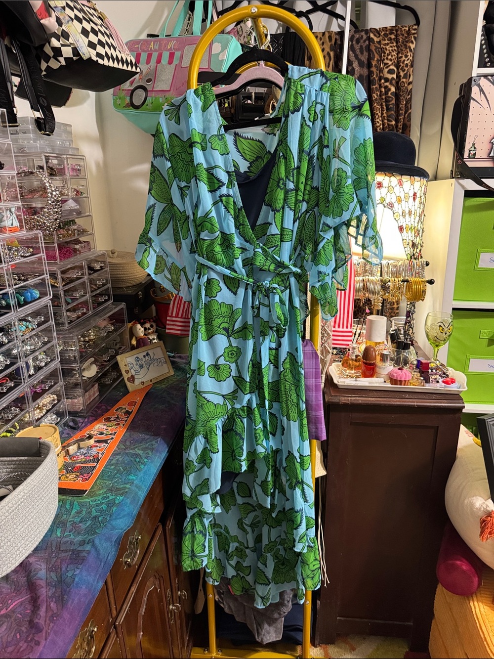 CAbi Blue & Green Floral High-Low Wrap Dress-make me an offer!